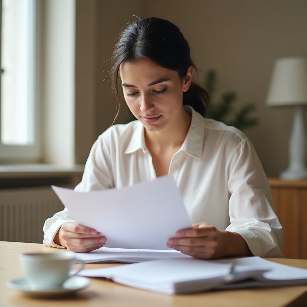 A carer reading informational materials about labour rights in a well-lit room