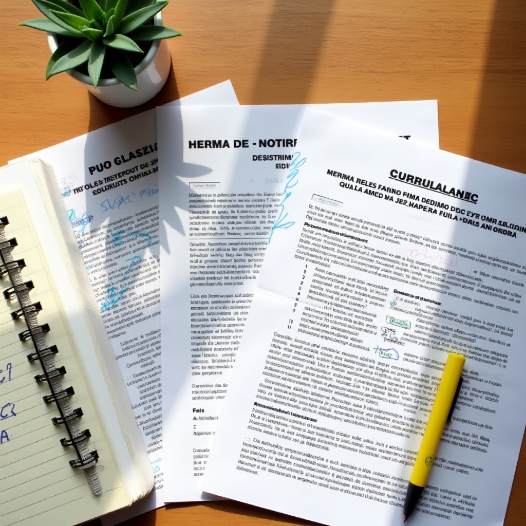 Research desk with official Spanish labour law documents and notebooks open for study