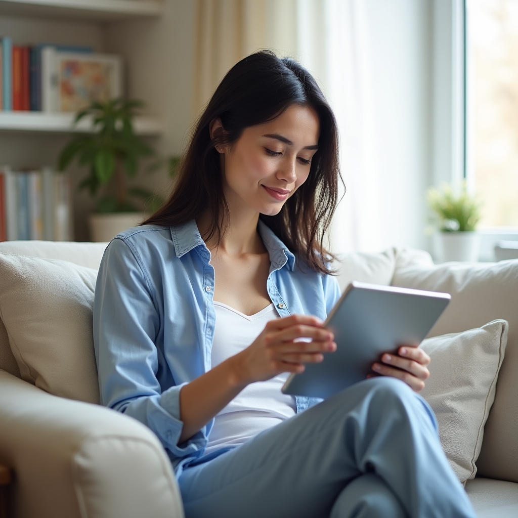 A domestic worker studying training materials on a tablet at home in a comfortable setting